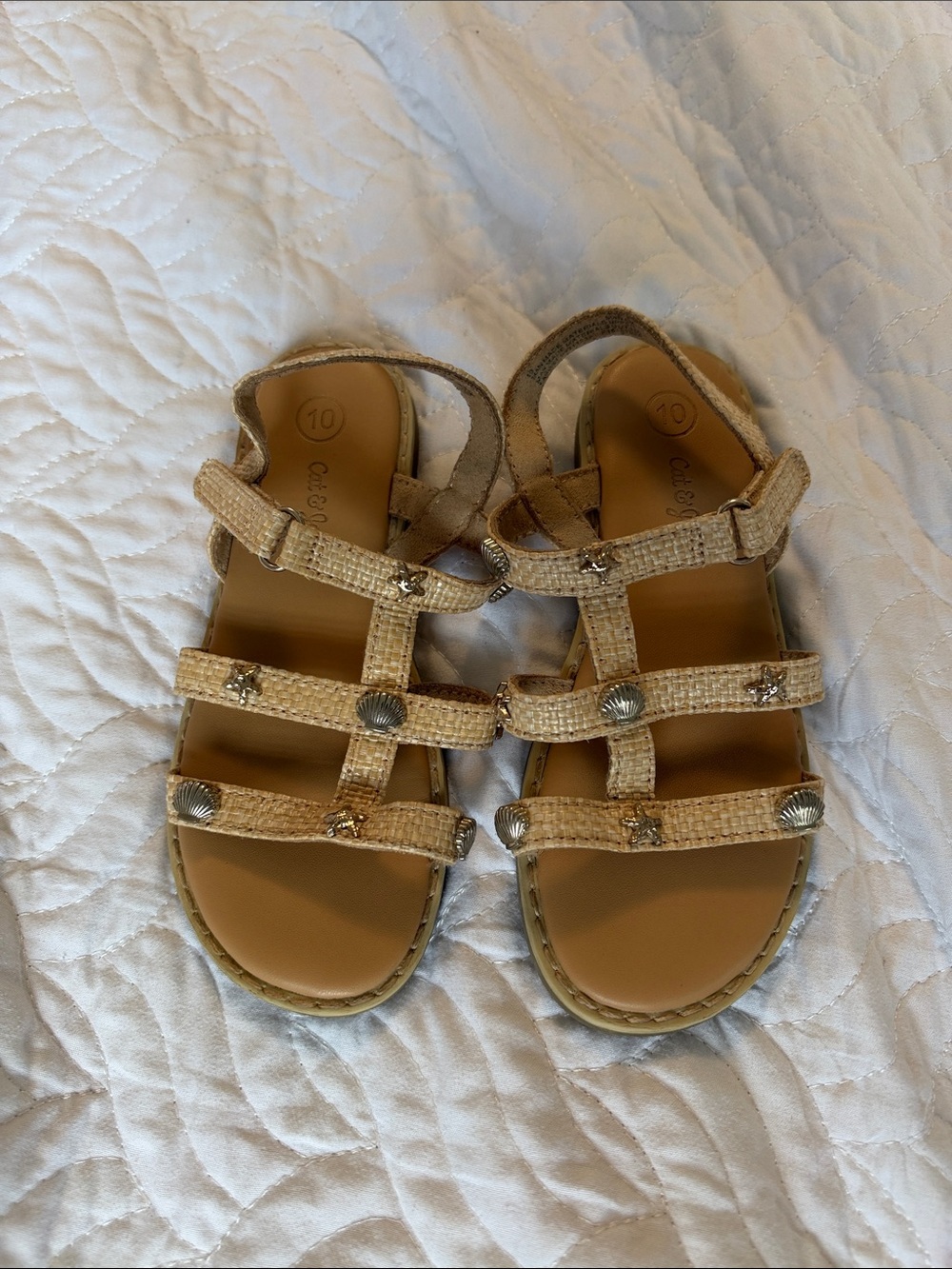 Cat & Jack Beige Braided Strappy Sandals with Shell Embellishments
